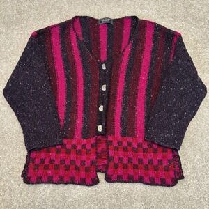 Rici Clary Designs Irish Knit Cardigan sz L Pink Purple Striped Checkered Tweed